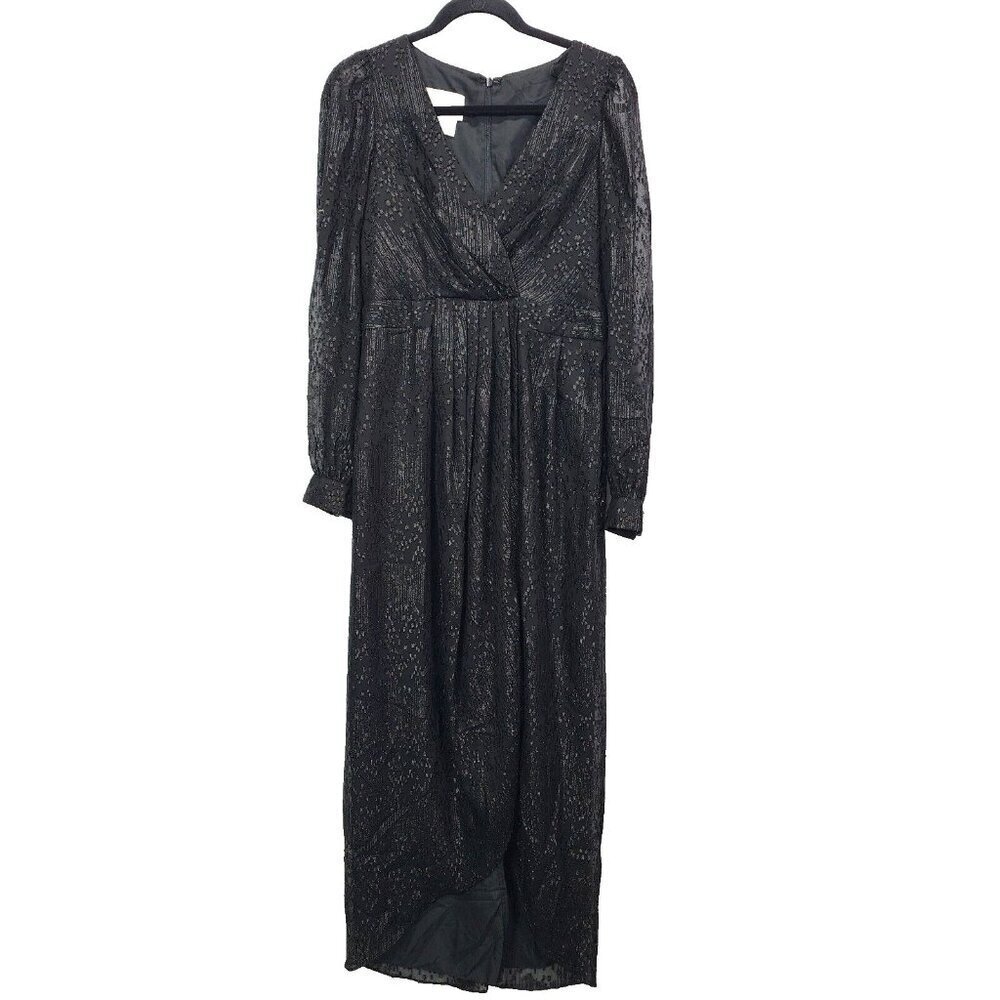 BHLDN Anthropologie Dress V Neck Long Sleeve Black Sequin Empire Waist‎ Size 6